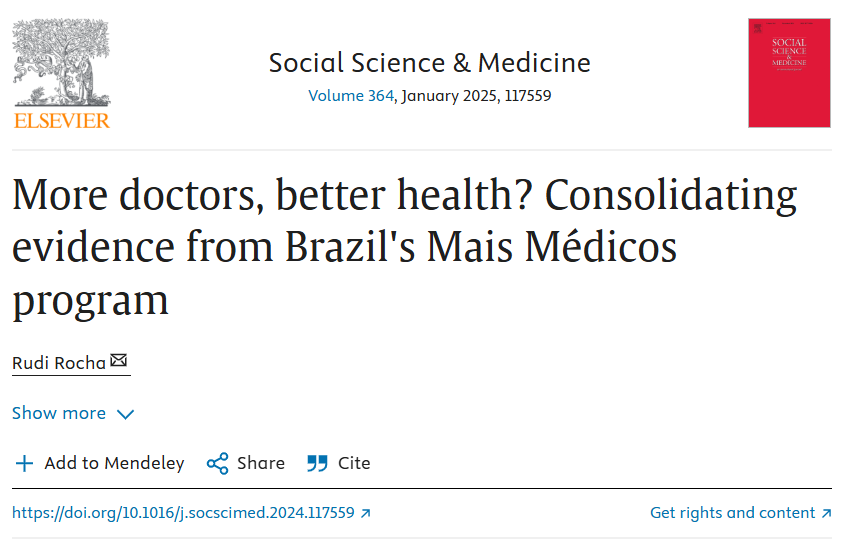 Rudi Rocha (@rudirocha_econ) on Twitter photo Happy to share that "More doctors, better health? Consolidating evidence from Brazil's Mais Médicos Program" is out at <a href="/socscimed/">Soc Sci & Medicine</a>.
Here I discuss potential explanations for the weak relationship between doctor supply and population health in Brazil.
sciencedirect.com/science/articl… Happy to share that "More doctors, better health? Consolidating evidence from Brazil's Mais Médicos Program" is out at <a href="/socscimed/">Soc Sci & Medicine</a>.
Here I discuss potential explanations for the weak relationship between doctor supply and population health in Brazil.
sciencedirect.com/science/articl…