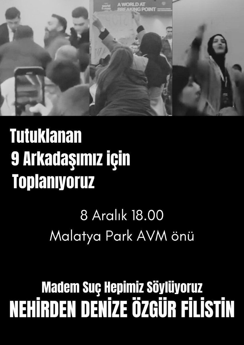 📍Malatya

Tutuklanan 9 arkadaşımız için Türkiye'nin dört bir yanından seslenmeye devam ediyoruz: Soykırım vanalarını kapatın, arkadaşlarımızı derhal serbest bırakın!

🗓️ 8 Aralık Pazar | 18.00
📍 Malatya Park AVM Önü