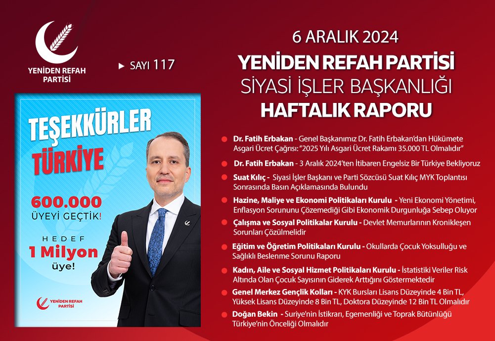 Siyasi İşler Başkanlığımızın haftalık raporu yayınlanmıştır. Yayının detaylarına aşağıdaki linkten ulaşabilirsiniz
drive.google.com/file/d/1u-ebkj…