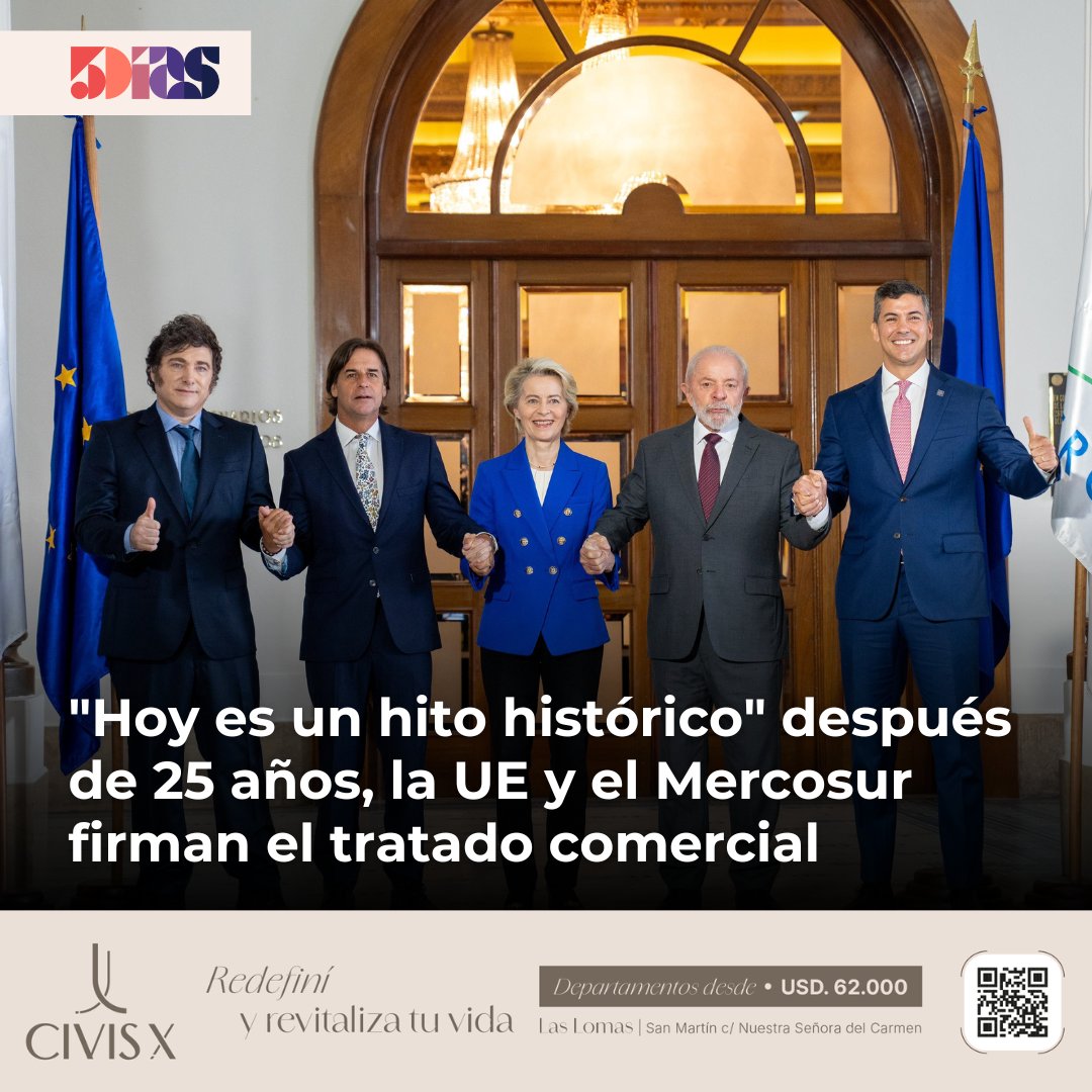 📣 El Mercosur y la Unión Europea concluyeron las negociaciones para un acuerdo de libre comercio . "Es un hito histórico", afirmó la presidenta de la Comisión Europea, Ursula von der Leyen.  

🔸El acuerdo busca eliminar la mayoría de los aranceles entre los países de la Unión