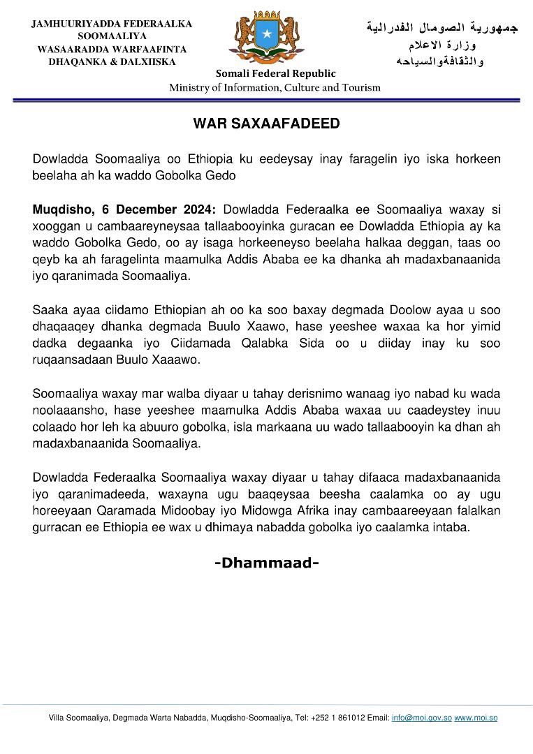 TheDailySomalia's tweet photo. #BREAKING: #Somalia Condemns Ethiopian Military Actions in Gedo Region—The federal government of Somalia has strongly condemned what it called "irresponsible military actions" by Ethiopia in the Gedo region. According to a statement released by Somalia’s Ministry of Information, Ethiopian troops attempted to enter the Beled-Hawo district on Friday but were blocked by Somali National Armed Forces.

The Somali government expressed its firm stance against these actions, vowing to protect the country's sovereignty and territorial integrity. The statement highlighted that such violations would not be tolerated.