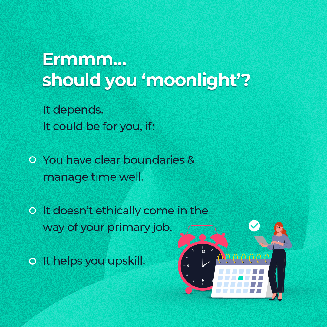 kreditbee's tweet photo. With the changing nature of work set-ups and hybrid office policies, ‘moonlighting’ has become increasingly popular.
We’re breaking down ‘moonlighting’ so you can decide if its right for you, and to approach it in the right way.

#KreditBee #KreditBeeApp #KreditBeeIndia #KreditBeeHainNa #Gigonomics #FinancialTips #FinancialEducation #MoonLighting

[KreditBee, KreditBeeApp, KreditBeeIndia, KreditBeeHainNa, Gigonomics, FinancialEducation, FinanicialTips, MoonLighting]