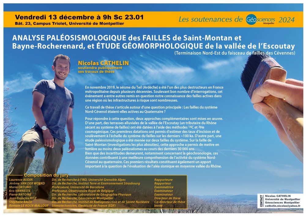 📣 [Soutenance de thèse <a href="/GeoMontp/">Géosciences Montpellier</a>] Vendredi 13/12 à 9h sc23.01 <a href="/umontpellier/">Université de Montpellier</a> Nicolas CATHELIN présente ses travaux de thèse "Analyse paléosismologique des failles de Saint-Montan et Bayne-Rocherenard, et étude géomorphologique de la vallée de l’Escoutay".
bit.ly/3BsnOZ3