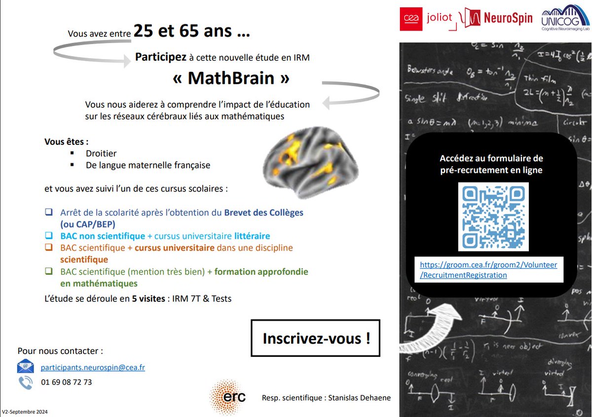 NeuroSpin (@neurospin_91) on Twitter photo 📢Appel à volontaires sains pour constituer la cohorte du projet MathBrain comportant 4 groupes de 15 personnes, de formations différentes (voir affichette)
Responsable scientifique : <a href="/StanDehaene/">Stanislas Dehaene @standehaene.bsky.social</a> 📢Appel à volontaires sains pour constituer la cohorte du projet MathBrain comportant 4 groupes de 15 personnes, de formations différentes (voir affichette)
Responsable scientifique : <a href="/StanDehaene/">Stanislas Dehaene @standehaene.bsky.social</a>