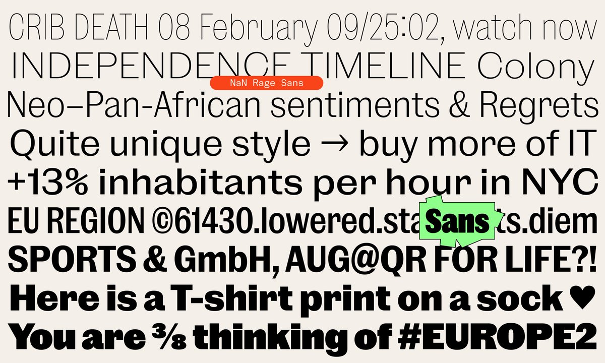 😡 NaN Rage member 2/7 😡

NaN  Rage Sans is a subtly contrasted sans serif family inheriting its  gentle 1800’s undertones from its Rage Beau and Slab cousins.

4 widths * 9 weights = 36 Sanzies

nan.xyz/fonts/nan-rage…