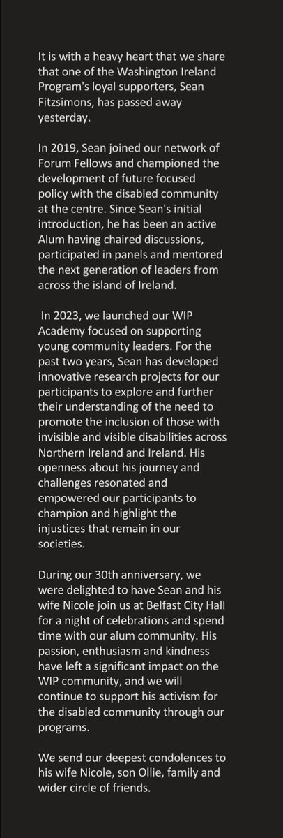 It is with a heavy heart that we share that one of the Washington Ireland Program's loyal supporters, Sean Fitzsimons, has passed away yesterday. 

Please take the time to read our reflections about Sean's WIP journey and advocacy for the disabled community below.