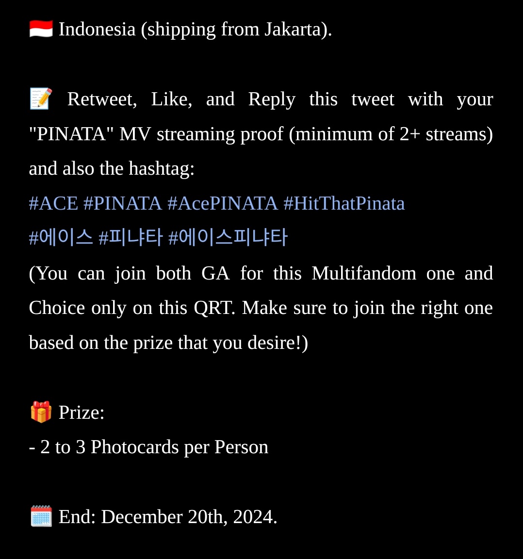 hyuninloves's tweet photo. [MULTI STAN GIVEAWAY] SPECIAL A.C.E COMEBACK 🎉

Let's support A.C.E newest comeback 'PINATA'!

🔗 https://t.co/OtyWUJz024

- Rules &amp; prize details on pics.
- End: 20/12/2024
- 🇮🇩 Indonesia Only

#ACE #PINATA #AcePINATA #HitThatPinata
#에이스 #피냐타 #에이스피냐타 @official_ACE7 https://t.co/XGuA6bIRNo
