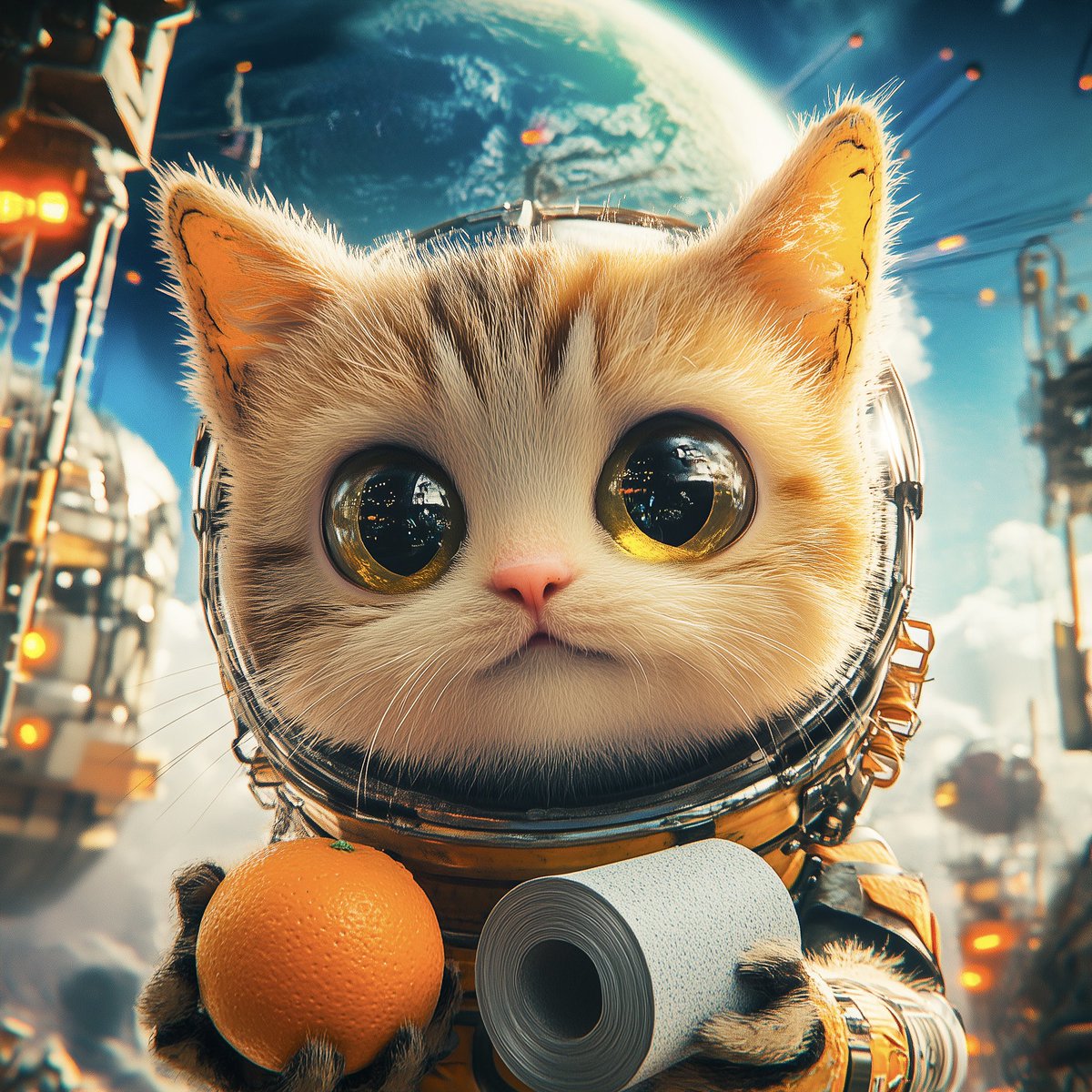 LittleBoots_007's tweet photo. As @LadyRocketSpace and @CopernicSpace prep for launch, Hoshi the Moon Cat just heard a banana taped to the wall sold for millions. Now he’s got an orange, some duct tape, and big dreams of taking it to the moon. @ArtBasel…please? Please let him tape his orange?
@spaceibles @WaltzinPeacock #NFT