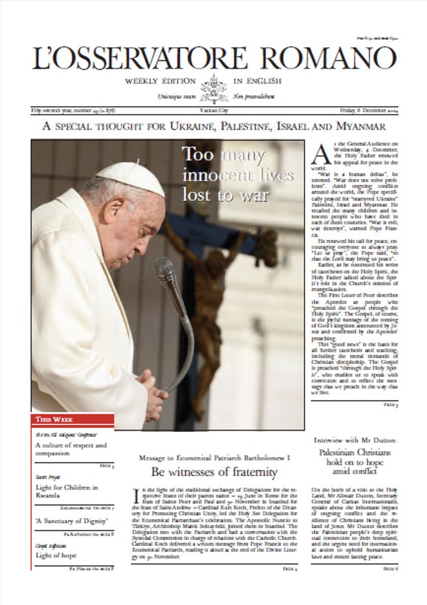 oss_romano's tweet photo. 6 December: #weeklyedition in English: Pope Francis renews his appeal for peace in countries affected by war https://t.co/KZYmfXFb9u
