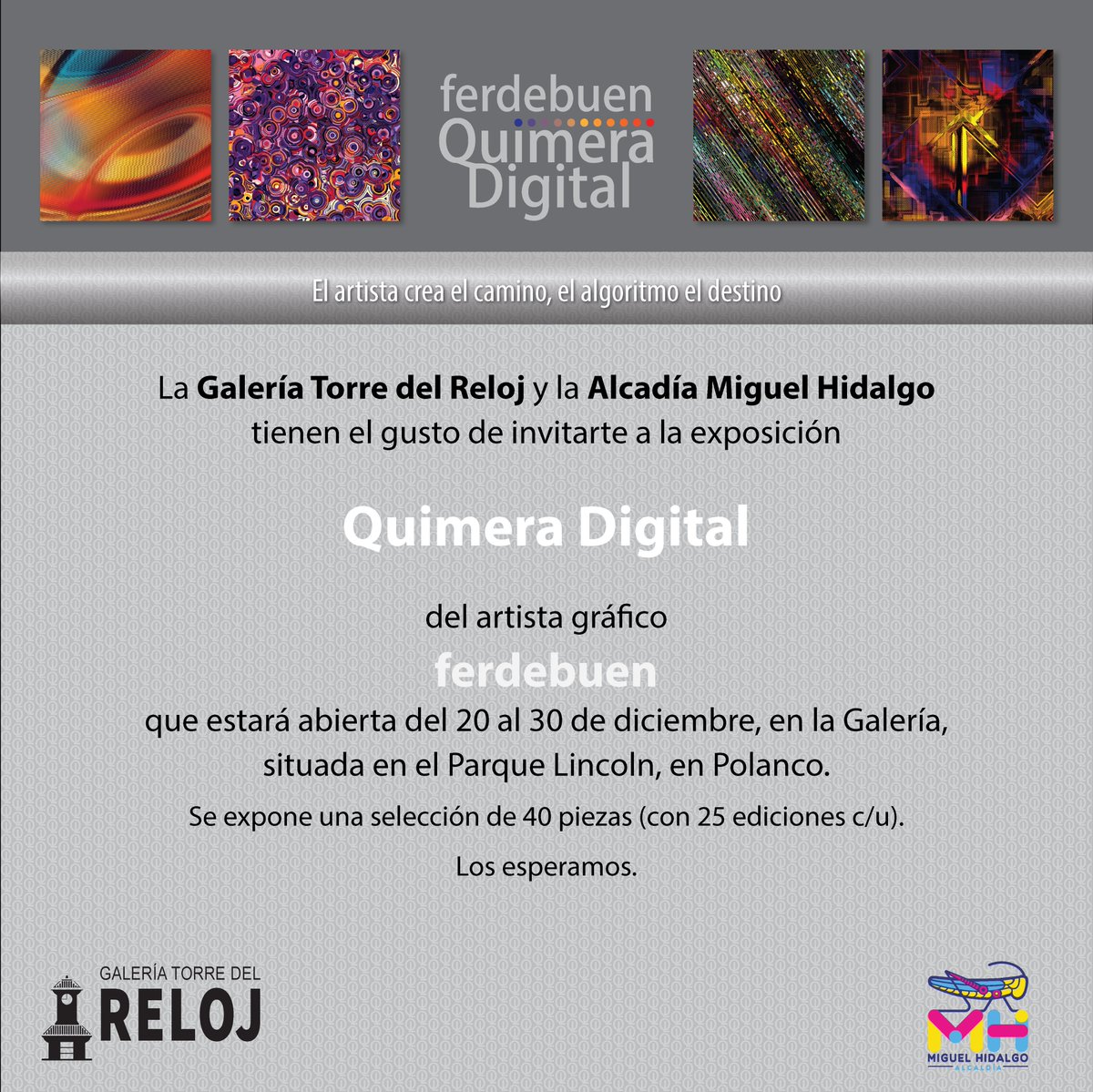 ferdebuen's tweet photo. QUIMERA DIGITAL
Del 20 al 30 de diciembre, expondré 40 trabajos de arte digital generativo y procedural (no es IA). se trata de obras elaboradas mediante la combinación de algoritmos. Déjense caer a la Torre del Reloj, en Polanco.
#QuimeraDigital