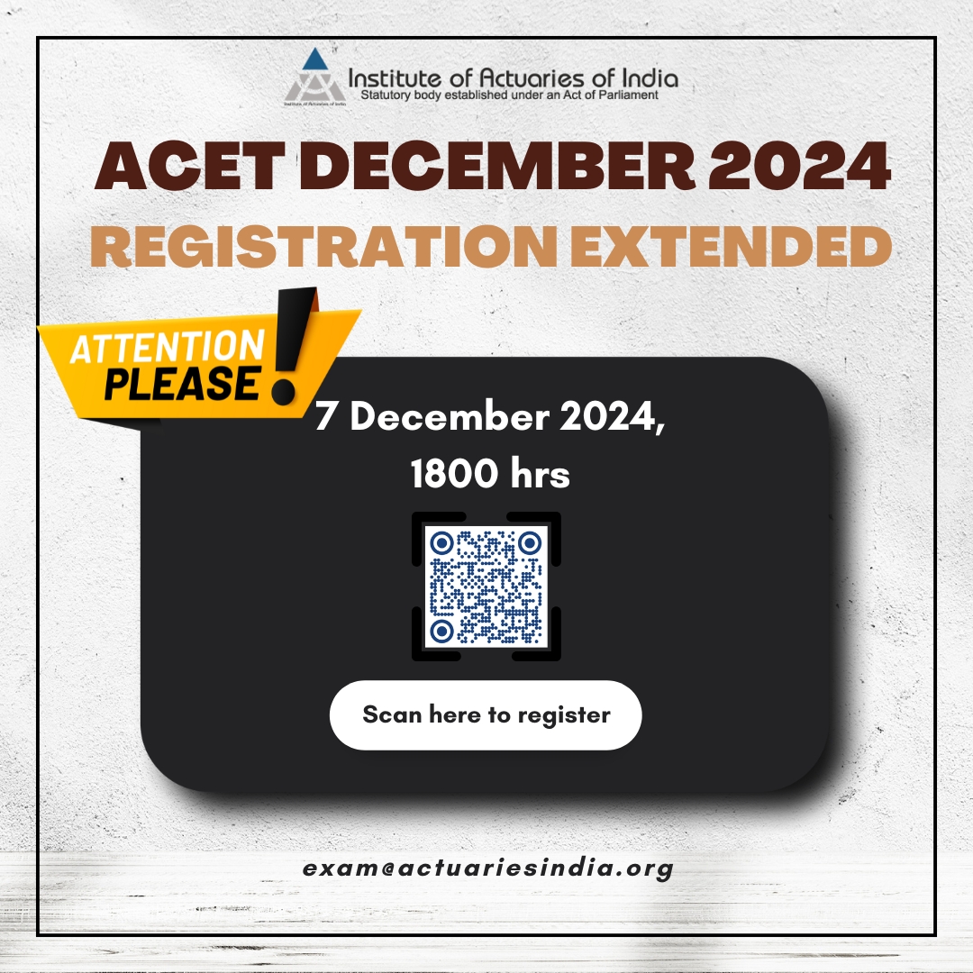 ACET December 2024 Registration Extended!

Hurry up! Register by 7th December 2024, 6 PM. Scan the QR code or visit member.actuariesindia.org/acetstudents

#IAI #Actuaries #ACET #Entranceexams #Actuarialscience