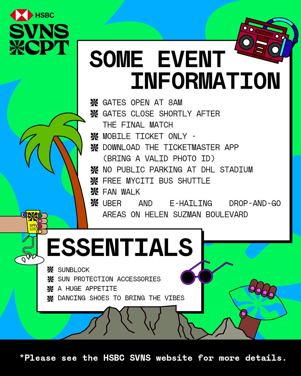 🗺️ Let’s talk logistics! Make your #HSBCSVNS experience smooth and stress-free with these tips.

For more info, visit the following websites:
✓ 𝗛𝗦𝗕𝗖 𝗦𝗩𝗡𝗦- svns.com/en/events/cape…
✓ 𝗗𝗛𝗟 𝗦𝘁𝗮𝗱𝗶𝘂𝗺 - dhlstadium.co.za/plan-your-visit

<a href="/SVNSSeries/">HSBC SVNS</a> 
#HSBCSVNSCPT #ItsAWholeVibe