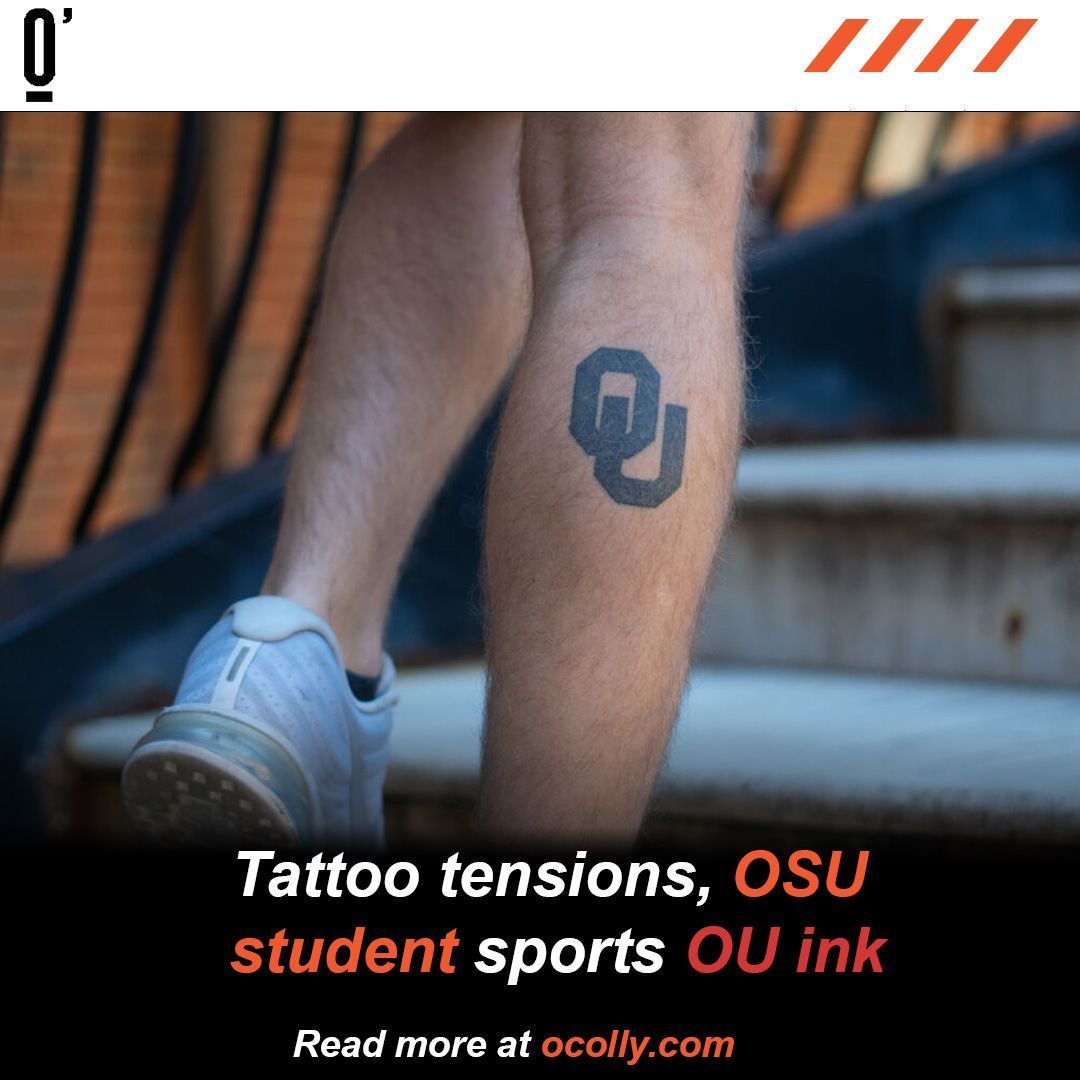 Chase Kingery’s OU tattoo turns heads at OSU, but he’s found a home in Cowboy territory. “It’s more of a family,” Kingery said. Read more: buff.ly/4im0HQu 
✍️ Bella Casey // Staff Reporter
📸 Payton Little // Photo Editor