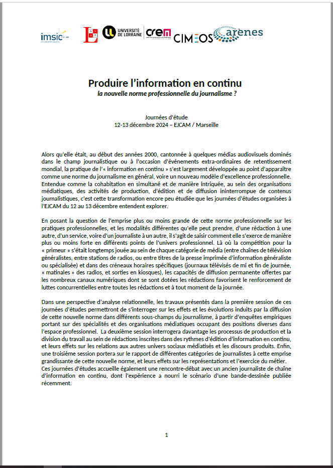 LabIMSIC's tweet photo. 📣 @Pamiel0, @OBaisnee, @cioluloid, @jeromeberthaut, Cyriac Gousset, Nicolas Hubé et @jeremie_nollet organisent la journée d'étude "Produire de l'information en continu : la nouvelle  forme professionnelle du journalisme ?" les 12 et 13 décembre 2024 à l'@ejcam_amu

Programme ⬇️ https://t.co/4U8Un62RAi