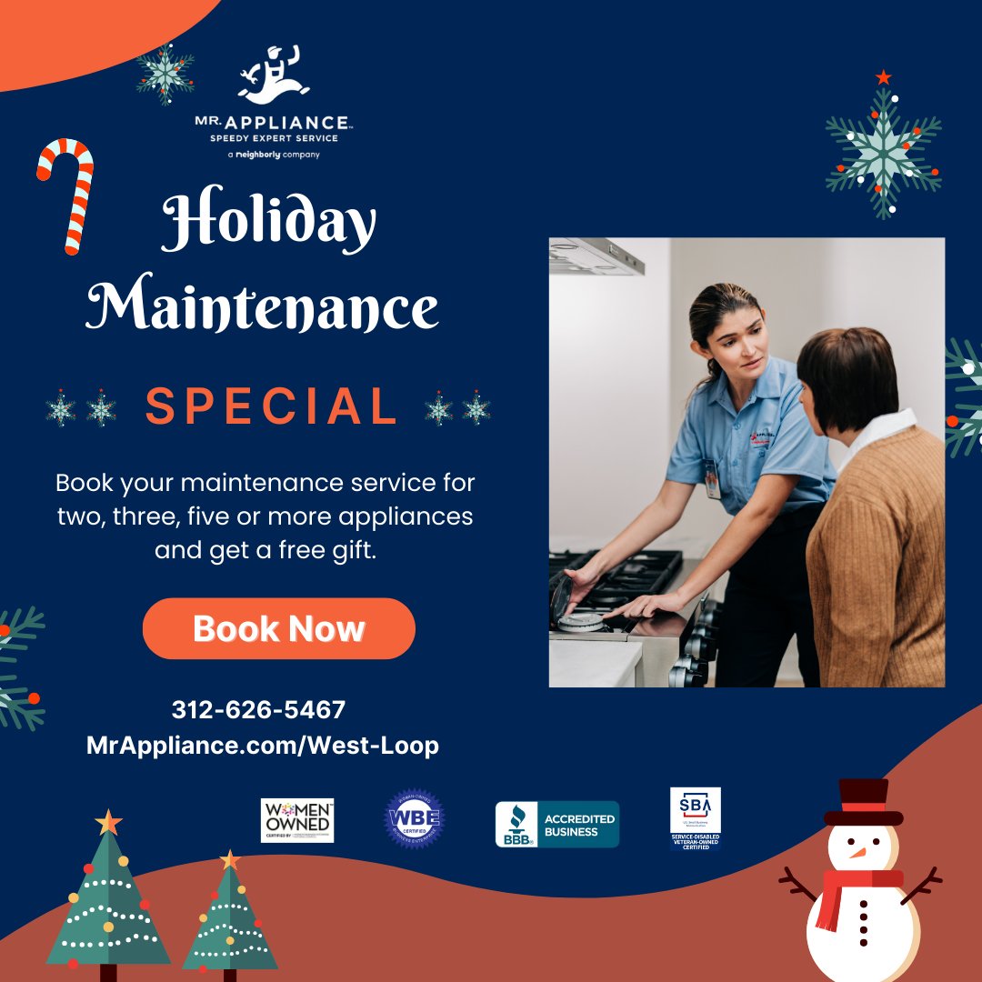 MRAWestloop's tweet photo. Keep your home running smoothly this season! Book maintenance for 2, 3, 5, or more appliances and receive a FREE GIFT! 🎁 Call 312-626-5467 or visit https://t.co/yYLu3TA66d to book now!
#MrAppliance #WestLoop #Neighborly #ApplianceService #HolidaySpecial #ApplianceCare https://t.co/cxD03OAuos