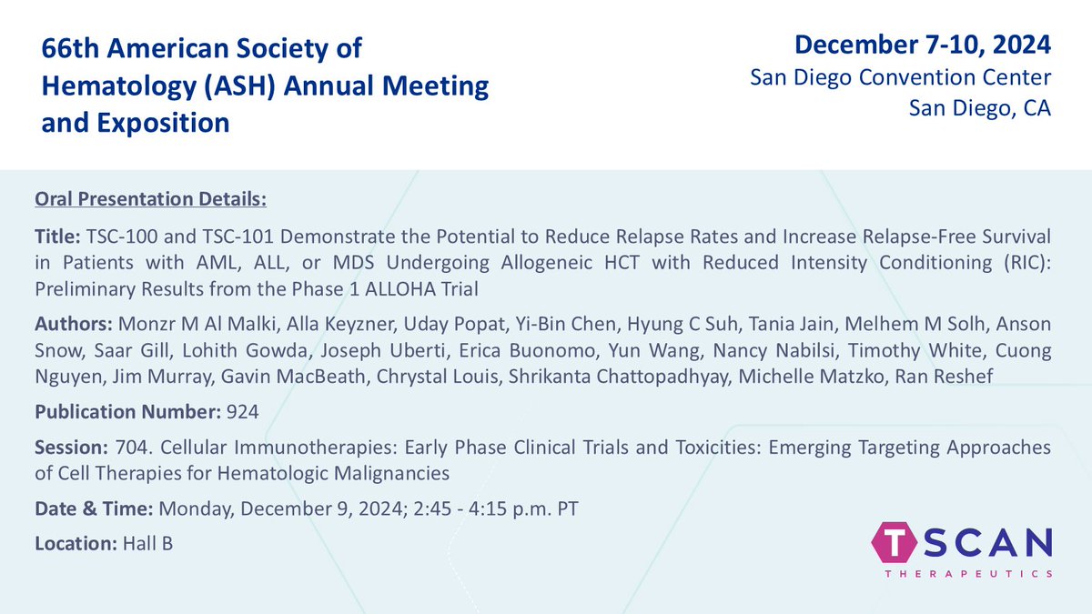 We’ll be presenting preliminary results from the ALLOHA™ Phase 1 trial of TSC-100 and TSC-101 in #AML, #ALL, and #MDS at #ASH24. Join our virtual KOL event on 12/10 at 8am ET, where we'll discuss the data presented at ASH and more! Register here: bit.ly/4gc97YU
