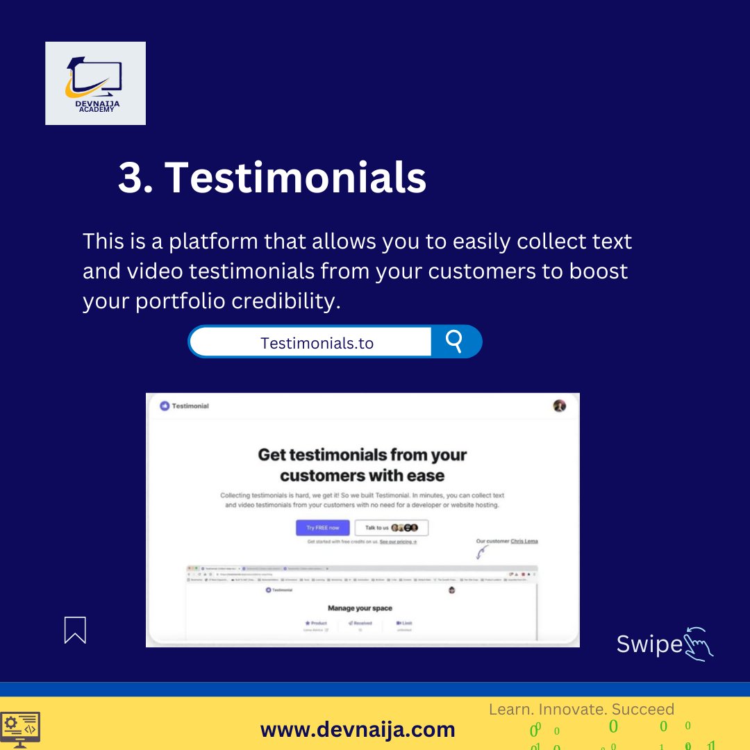 DevnaijaAcademy's tweet image. The best tools for building your portfolio website 🚀.
Be sure to save and share them with a programmer.
#portfolio #PWA #WebDevelopmentTutorials #MaterialUI #Bootstrap #softwaredeveloper #webdevelopment #FullStackDeveloper #frontenddevelopment #backenddevelopment