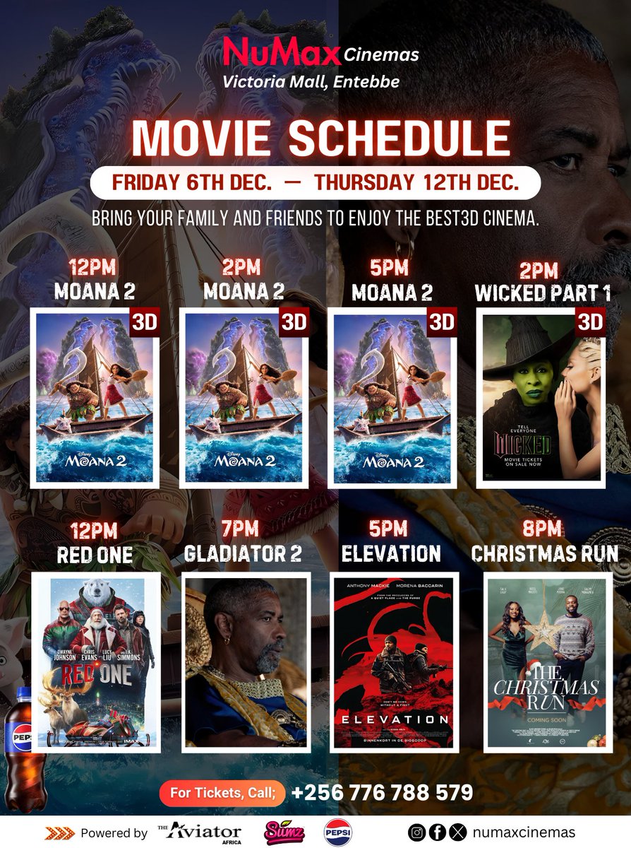 NuMax Cinemas (@numaxcinemas) on Twitter photo New movie schedule Showing from 6th December to 12th December is out, #Moana2 is showing in 3D, #GladiatorII showing with Dolby Sound, #entebbe #movies #movienight #movielovers <a href="/PepsiUganda/">Pepsi Uganda</a> <a href="/AquafinaUganda/">Aquafina Uganda</a> <a href="/sumz_snacks/">SUMZ</a> <a href="/EntebbeTown/">Entebbe Town Tourism</a> <a href="/kwezirico/">Kwezi Patrick</a> <a href="/everymovieplug/">Every Movie Plug 🎬🔌</a> <a href="/JowyLanda17/">JOWY LANDA</a> New movie schedule Showing from 6th December to 12th December is out, #Moana2 is showing in 3D, #GladiatorII showing with Dolby Sound, #entebbe #movies #movienight #movielovers <a href="/PepsiUganda/">Pepsi Uganda</a> <a href="/AquafinaUganda/">Aquafina Uganda</a> <a href="/sumz_snacks/">SUMZ</a> <a href="/EntebbeTown/">Entebbe Town Tourism</a> <a href="/kwezirico/">Kwezi Patrick</a> <a href="/everymovieplug/">Every Movie Plug 🎬🔌</a> <a href="/JowyLanda17/">JOWY LANDA</a>