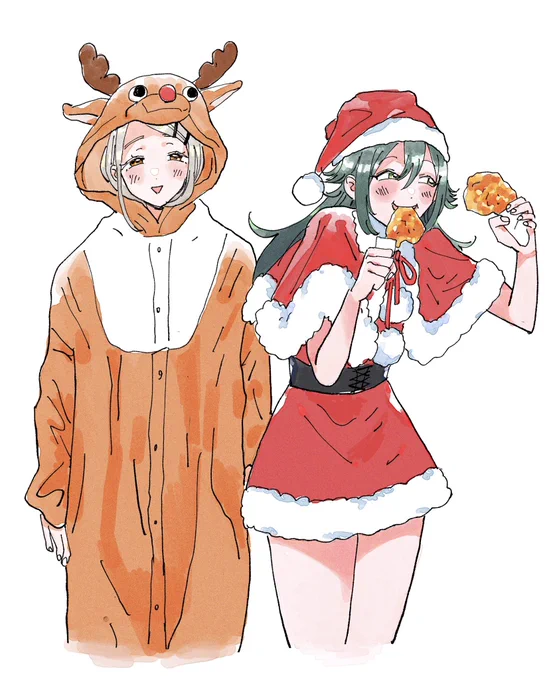トナカイの着ぐるみを着て嬉しそうな篠澤さんと、チキンを食べながらチキンを食べることを考えている手毬です 