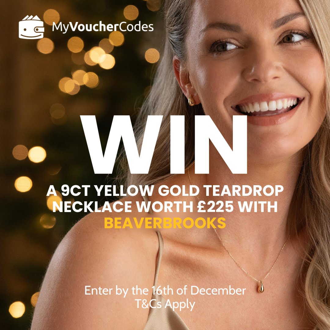 Win a 9ct Yellow Gold Teardrop Necklace worth £225!
To enter:
Follow @myvouchercodes &amp; @beaverbrooks_the_jewellers
Like this post
Tag a friend
Unlimited entries! Ends 16 Dec 11:59pm. Winner announced 20 Dec. T&amp;Cs - trib.al/eSxi791
#JewelleryGiveaway #Competition