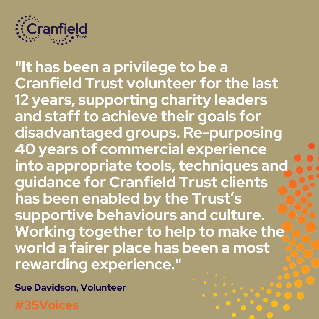 Our #Volunteers are the life blood of Cranfield Trust 💓 Thanks to Sue and all our volunteers for being part of our #35Voices story and working together with us to help make the world a fairer place 🌎

#FeelGoodFriday