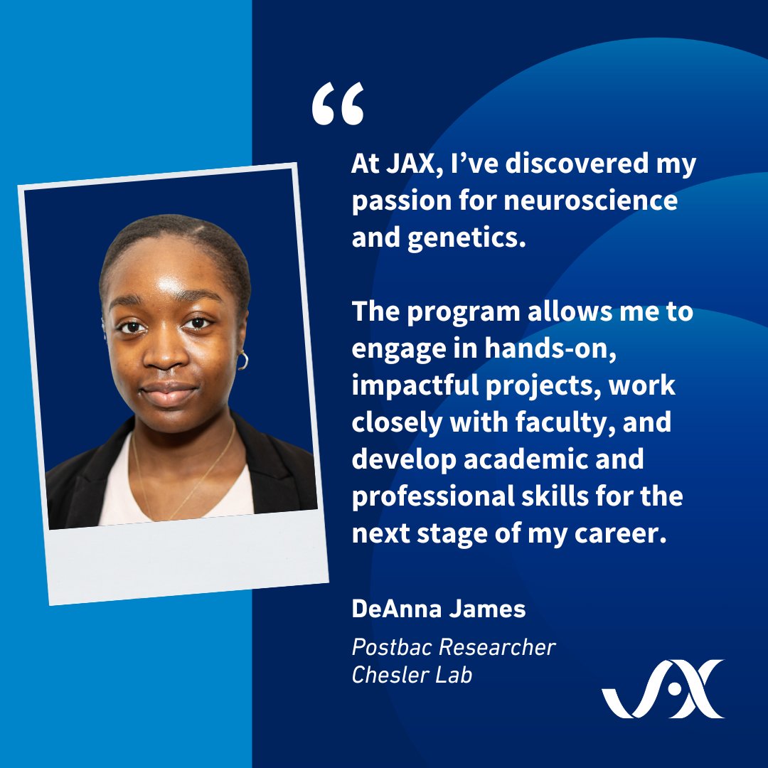 JAX_Education's tweet photo. Interested in a #postbac to prep for a grad program?
Learn why DeAnna, a #JAXTrainee investigating differential gene expression in addiction-related behaviors in the striatum and prefrontal cortex in @ElissaJChesler's lab, chose the Postbac at @jacksonlab to confirm her path ⤵️ https://t.co/7mUF3LKqGT