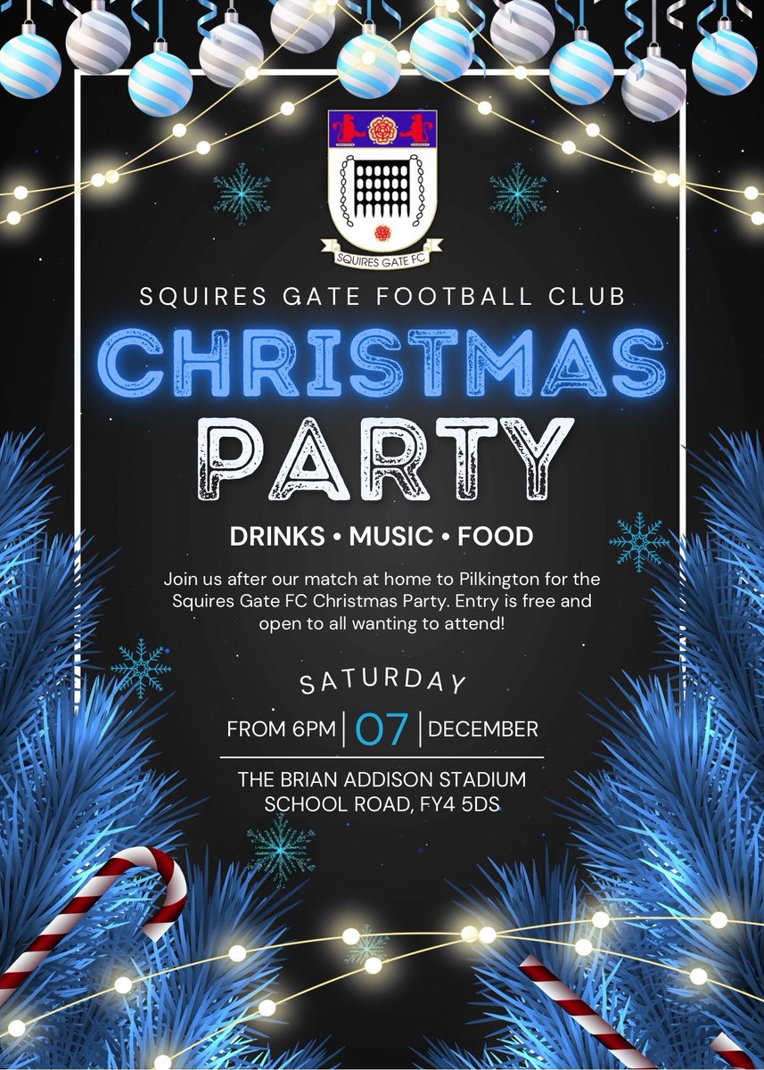 squiresgatefc's tweet photo. 🎄 𝗖𝗛𝗥𝗜𝗦𝗧𝗠𝗔𝗦 𝗣𝗔𝗥𝗧𝗬 🎄 

👋 Don’t forget to stick around after tomorrow’s game and join us for our 2024 Christmas Party! 🥳🍻🎅

🙌 Entry is free and open to all those wanting to attend. We’d love to see you all there!😁💙

🔷 #WeAreGate | #GateCommunity https://t.co/Y0Lg68a53o
