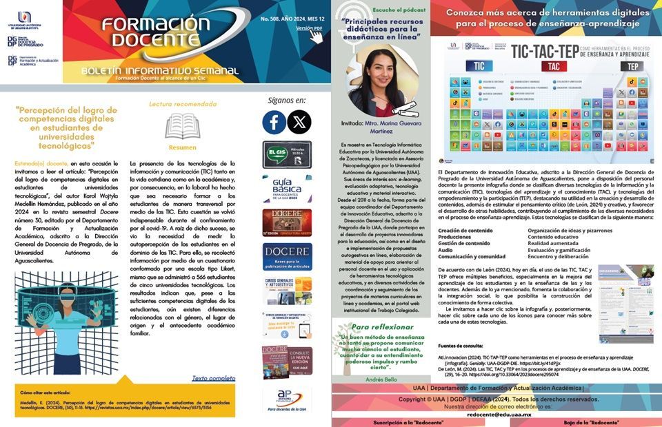 DEFAA_UAA's tweet photo. Ya está disponible el Boletín Informativo Semanal "Formación Docente" No. 508, del Departamento de Formación y Actualización Académica. Consúltelo aquí 👉https://t.co/p4FjwaloB0 https://t.co/IoY3LYPgaL