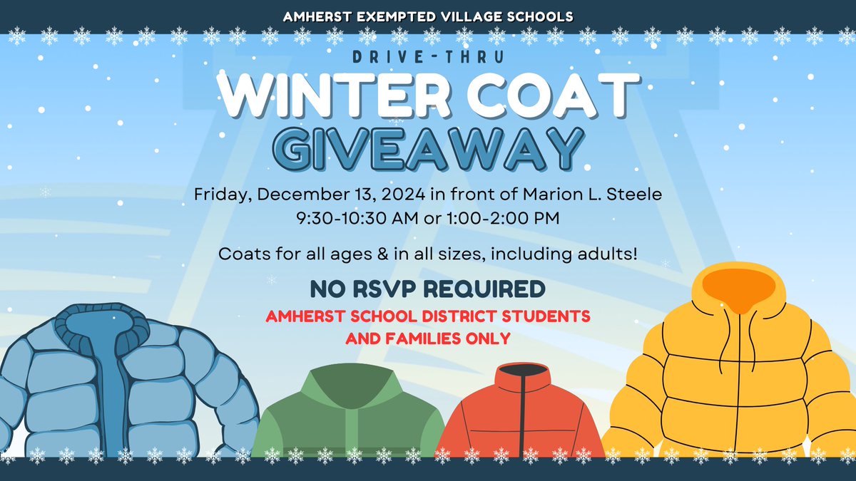 Comet Community Relations (@comet_connect) on Twitter photo FRIENDLY UPDATE: Our Drive-Thru Coat Drive is dedicated to supporting Amherst students & families due to limited supplies. While we wish we could assist everyone, we encourage those in need to explore other available resources like the United Way! See more ⬇️ <a href="/AEVSDSocialWork/">Amherst Social Work</a> FRIENDLY UPDATE: Our Drive-Thru Coat Drive is dedicated to supporting Amherst students & families due to limited supplies. While we wish we could assist everyone, we encourage those in need to explore other available resources like the United Way! See more ⬇️ <a href="/AEVSDSocialWork/">Amherst Social Work</a>
