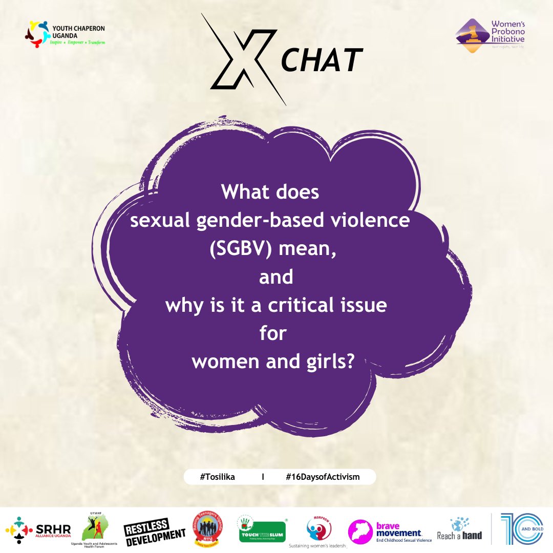 @Youthchaperonug (@youthchaperonug) on Twitter photo Question 1 : What Does Sexual Gender - Based Violence (SGBV) Mean and why is it a critical issue for women and girls? <a href="/HakiimKay256/">Hakim Kayonga</a> <a href="/johnjessy101/">John Jessy🇺🇬</a> <a href="/mirembe_crystyn/">Crystyn Mirembe</a>
#Tosilika
#16DaysOfActivism
#16DaysOfActivismUg Question 1 : What Does Sexual Gender - Based Violence (SGBV) Mean and why is it a critical issue for women and girls? <a href="/HakiimKay256/">Hakim Kayonga</a> <a href="/johnjessy101/">John Jessy🇺🇬</a> <a href="/mirembe_crystyn/">Crystyn Mirembe</a>
#Tosilika
#16DaysOfActivism
#16DaysOfActivismUg