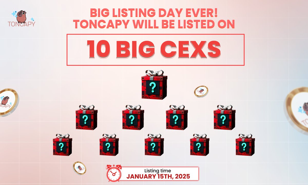 🌟 TONCAPY WILL BE LISTED ON 10 CEXs 🚀

TonCapy will be officially listed on the top 10 crypto exchanges: January 15, 2025.

🎉The number 10 CEX is not just a milestone - it is an affirmation of position!

✨ Which names are you looking forward to, please comment and let us