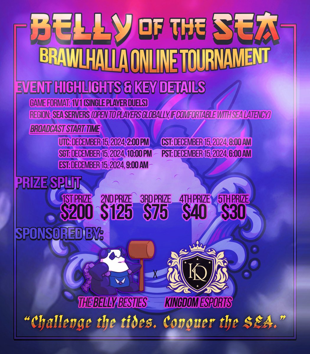 isabelletrist's tweet photo. 🌊 Dive into the Belly of the SEA Brawlhalla Online Tournament! 🌊

🔥 $500 prize pool, epic battles, and SEA dominance await! 🔥

🗓️ Dec 15 | 🕙 10:00 PM SGT
📝 Registrations are now open and FREE at https://t.co/Am2XEZHYfM

Sponsored by The Belly Besties 🍙 &amp; Kingdom eSports 🏆 https://t.co/dI3egEdQB3