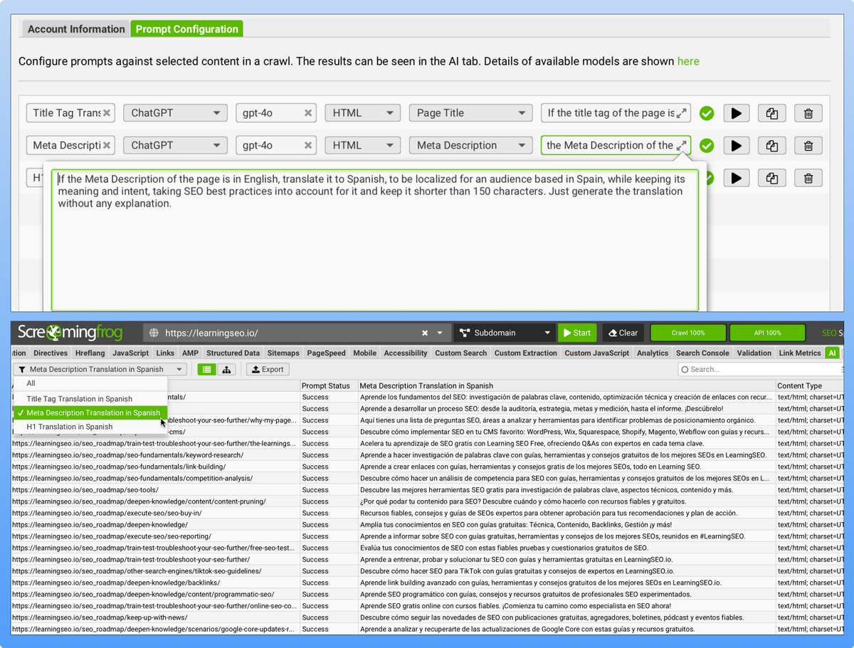aleyda's tweet image. .@screamingfrog  API integration with LLMs like ChatGPT is a game changer to take initial SEO action and accelerate whether completely manual or far worse automated output. A great example of this in an International SEO process is the translation of title tags, meta descriptions…
