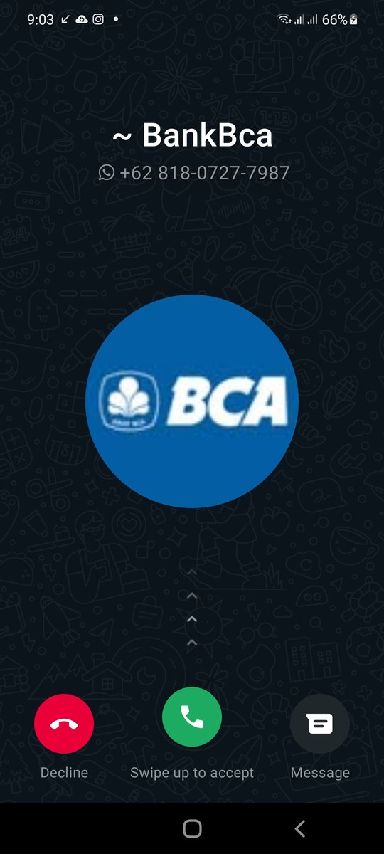 Barusan dapat telepon pakai logo BCA dgn nomer kartu seluler <a href="/myXL/">XL</a> 12 digit. Teleponnya pakai whatsapp call. Jelas ini bukan asli dari <a href="/HaloBCA/">Halo BCA</a>. Hati-hati klo dapat telepon seperti ini ya teman-teman. Bisakah operator mendiskualifikasi nomer yg digunakan untuk berusaha menipu?