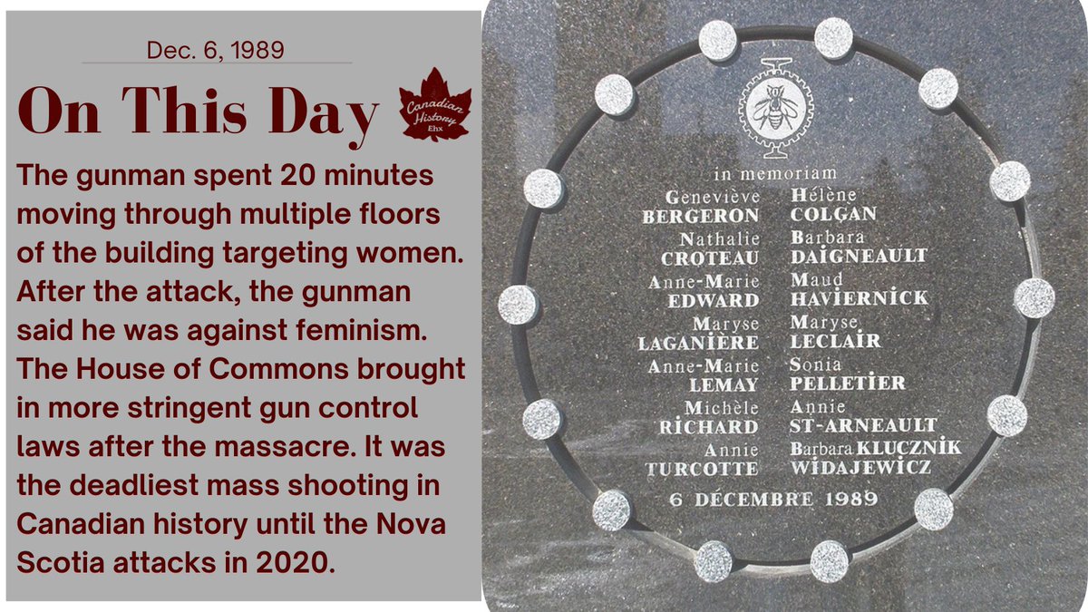 Dec. 6, 1989:
A gunman went into École Polytechnique in Montreal and murdered 14 women, while injuring 10 women and four men.
Today is now the National Day of Remembrance and Action on Violence Against Women.