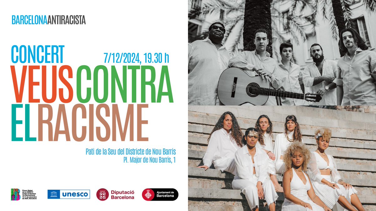 decidimbcn's tweet photo. 🎶 Celebrem l’inici del 4t Fòrum Global de la UNESCO contra el Racisme i la Discriminació amb @‌ARRELSdeGRACIA i @‌las_karamba.
No t'ho perdis!
📅 7/12 | 🕒 19:30 h | 📍 Nou Barris
🎟️ Entrada lliure
 ℹ️https://t.co/0x35LexMPz
👉https://t.co/7YiER7JJWk
#BCNantiracista #FightRacism https://t.co/wniagBrtIg