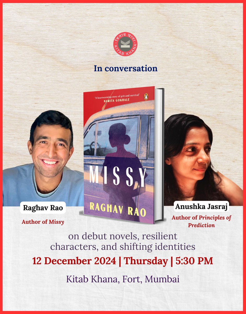 ✨ Big news! ✨ 
Catch me in conversation with Anushka Jasraj at Kitab Khana, Mumbai, on 12th December at 5:30 PM.🕰️ We'll be talking about debut novels, resilient characters, and shifting identities.

See you there! 💫