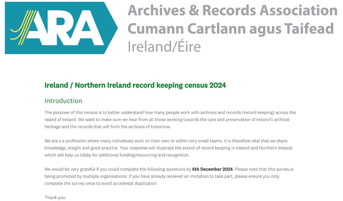 ARAIreland's tweet image. 🚨
The deadline for filling out this census is today. Please make sure you share with colleagues that work in archives, records management, or conservation but may not be members. They also do not need to be qualified or in full time employment. (Volunteers also covered here).