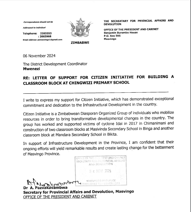 freemanchari's tweet photo. WITHDRAWAL FROM CHINGWIZI PROJECT
We are writing to inform you that Citizens Initiative has made the sad decision to withdraw from the Chingwizi project where we were hoping to construct classroom blocks. This has been compelled by the bureaucratic handicaps we have faced in Masvingo province over a period of 5 months.

Before commencing the project we had 3 meetings with officials from Mwenezi RDC and the DA. They indicated that they welcomed the project, however they asked us to get clearance from Provincial Affairs & Devolution office in Masvingo.

We wrote them in October. They gave us the clearance letter on November 6. Our understanding was that there was nothing else we needed after this except liaising with the School SDC on how to get the community manpower we needed. 

We began delivering cement, bricks and stones to the school on November 18. We then received  phone calls from the CEO and the DA instructing us to stop activities at the school until we have another meeting on 21 November.

The meeting was attended by the following
1. Mwenezi DA - Mr. Mutambara  
2. Mwenezi CEO  
3. Mwenezi HR  
4. Mwenezi Council Chair  
5. Mwenezi Public Service Commission  
6. Mwenezi Ministry of Education  
7. President's Office Representative  
8. Traditional Leaders' Representative  
9. Police DISPO
10. JOC representative

At the meeting we made it clear that our work was non-political and non-partisan and that we did not want any political players to be involved. As with other projects we have done across the country, only the School SDC and local leadership (Councillor and Chief) would help us coordinate the community for labor and other help. 

The meeting resolved to allow us to continue our work and that on the 4th December there would be the school meeting to site the block at Chingwizi. 

On 27 November we received another call this time from Dr. Pazvakavambwa – Permanent Secretary  in the Office of the President Masvingo. He wanted to meet us on 3 December in Masvingo. At the  meeting, there were new conditions.

We were asked to register as a PVO, a process that has many other requirements and also takes a long time. In the mean time, they asked us to channel resources through the Council. Both these conditions are hard for us to abide by given that we have no intentions of managing another entity. Secondly channelling the resources through Council will create another layer of bureaucracy that we have no control over.

We have already established efficient ways to use the meagre resources we have. Roping in Council will balloon our expenses. We also will not be able to control and account for the resources to our donors. The request for endless meetings has already forced us to burn through 12% of what we had raised for the first block.

After consulting with the CI board, we have resolved to withdraw from the project and donate the materials we had already purchased to Chingwizi Primary School. 

Although we have been successful in working in other provinces, this is not the first time we have faced this. We faced similar issues in Masvingo Province when we wanted to do the Citizwean Clinic in January 2020. We also had to give up on building home for Mt Hampden kids in 2021. We had to withdraw from Gwelutshena School project in Nkayi in 2022. 

It breaks our hearts to be unable to fulfill the wishes of our ordinary donors who put in their hard earned money just so that the 662 children have a decent learning space. It was beyond our control and we tried our best. We Are Sorry.