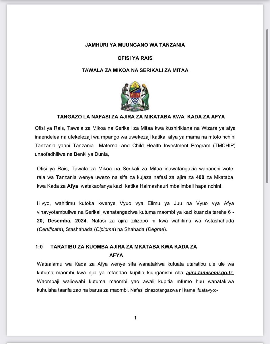 ortamisemitz's tweet photo. TANGAZO LA NAFASI ZA AJIRA ZA MIKATABA 400  KWA KADA ZA AFYA https://t.co/3V6qzseeuB