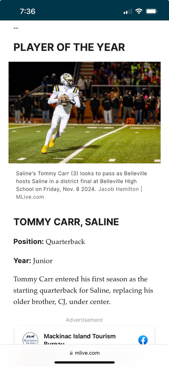 TommyCarr03's tweet image. Grateful to have been named @MLiveSports Offensive Player of the Year. @SalineFootball @CoachShort_ @RisingStars6