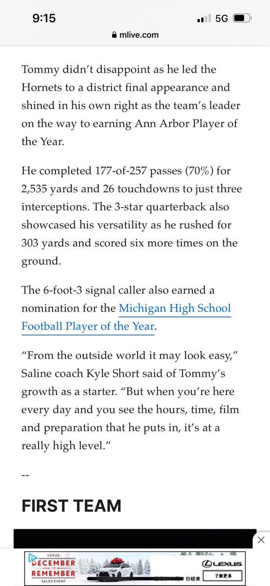 TommyCarr03's tweet image. Grateful to have been named @MLiveSports Offensive Player of the Year. @SalineFootball @CoachShort_ @RisingStars6