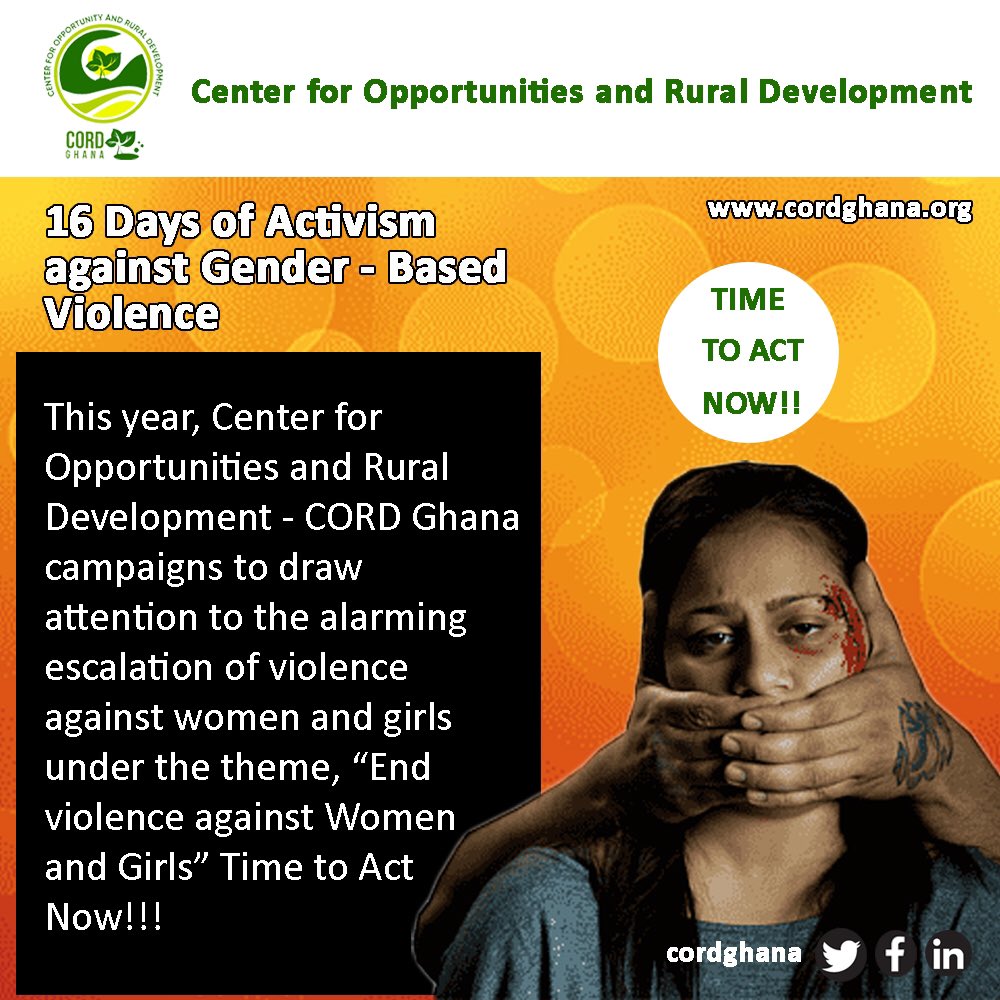 cordghana's tweet photo. As we mark 16 days of activism against Gender based violence, lets remind ourselves that any form of violence against men or women is a crime. Report any cases of GBV to the nearest police station. Real men don't beat up their loved ones. #TimeToActNow #CORDgh https://t.co/Bd5jlD9zK6