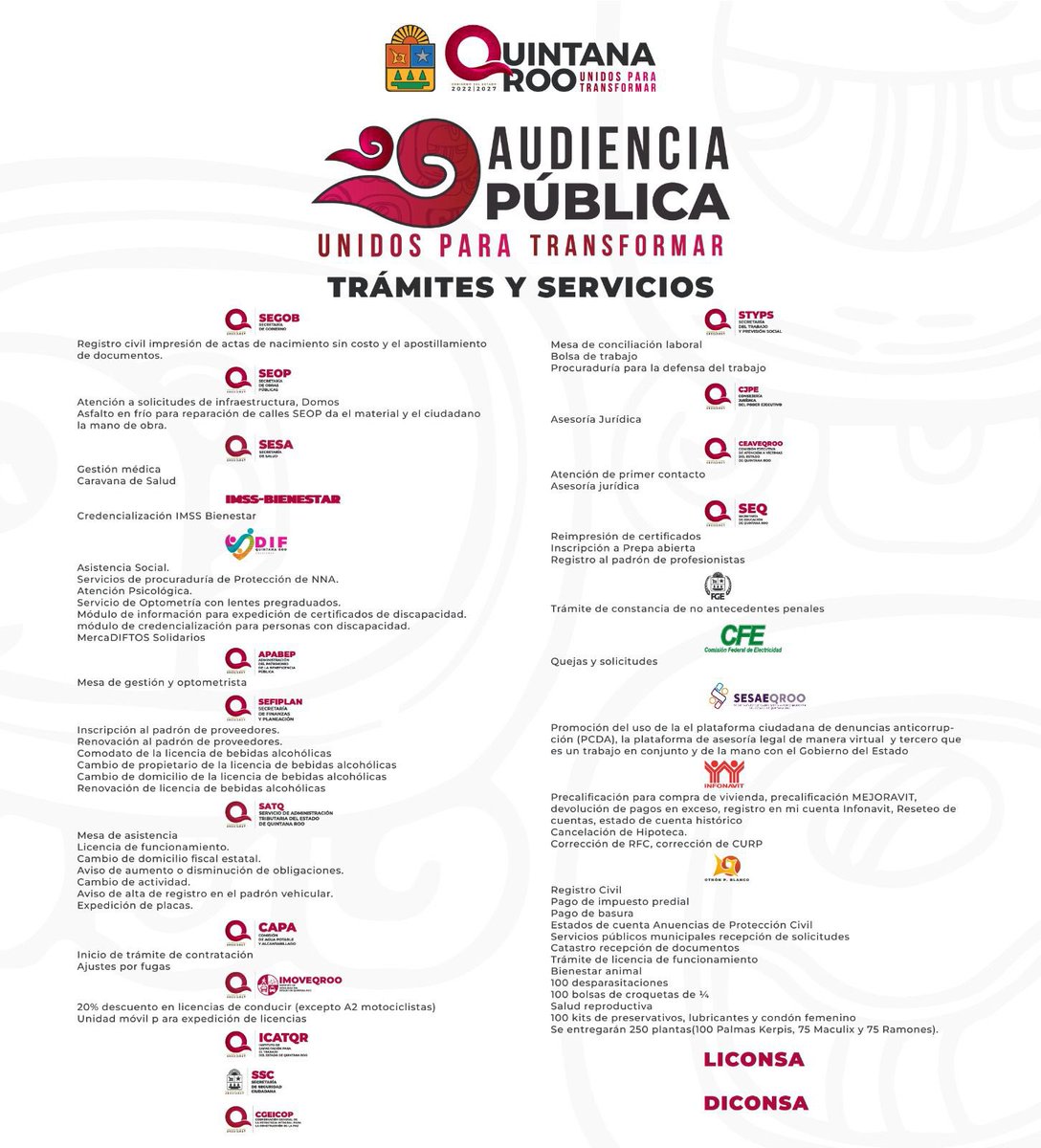 MaraLezama's tweet photo. 🔔 Querid@s chetumaleños, este lunes 9 de diciembre les espero a partir de las 10:00 AM en la Plaza Cívica del Palacio de Gobierno, para escuchar y atender sus necesidades en la Audiencia Pública 🗣️.

Llevaremos más de 20 módulos de diferentes dependencias estatales y federales para atender en territorio puntualmente sus solicitudes. ¡Seguimos #UnidosParaTransformar con un gobierno humanista y cercano!