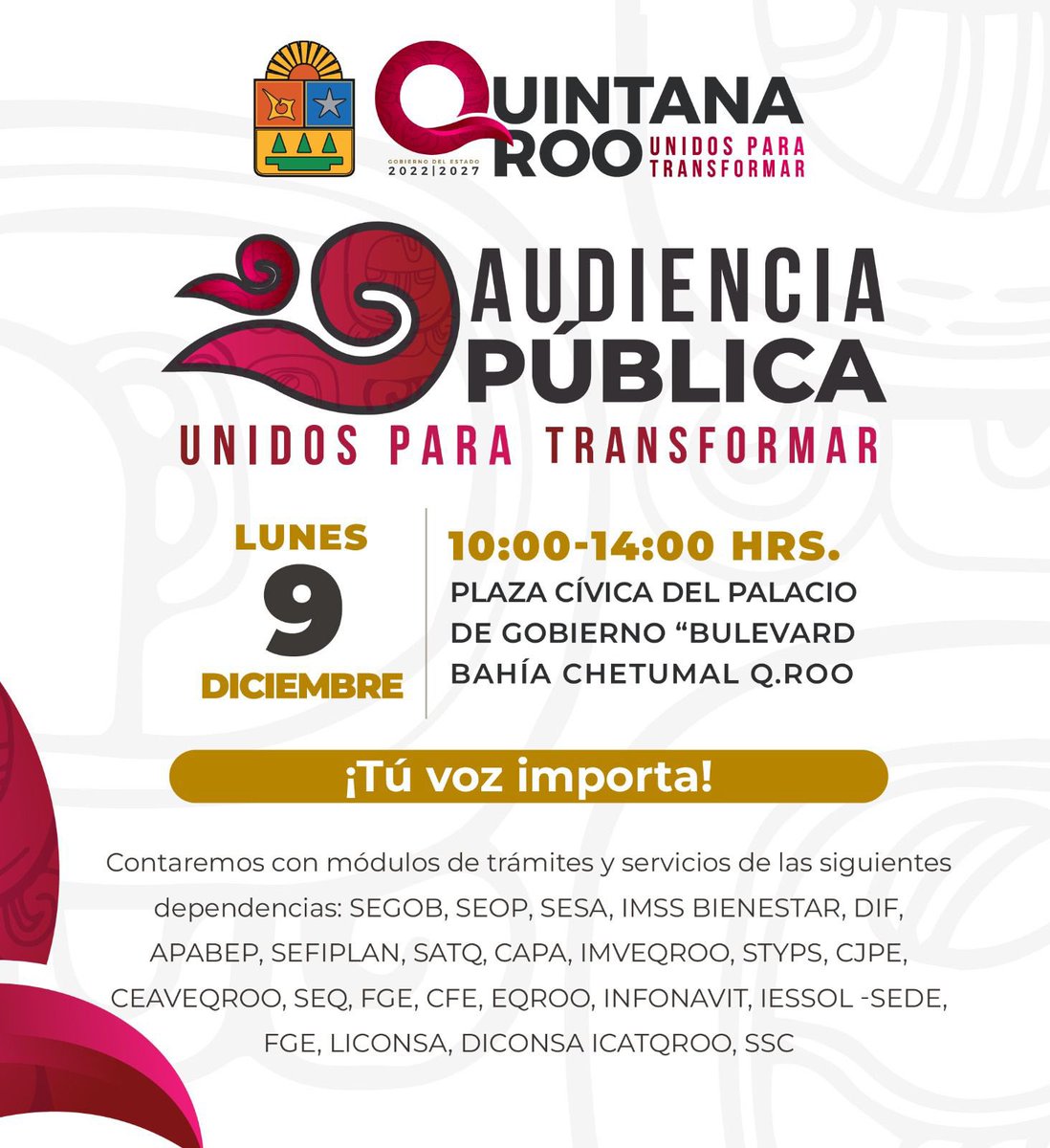 MaraLezama's tweet photo. 🔔 Querid@s chetumaleños, este lunes 9 de diciembre les espero a partir de las 10:00 AM en la Plaza Cívica del Palacio de Gobierno, para escuchar y atender sus necesidades en la Audiencia Pública 🗣️.

Llevaremos más de 20 módulos de diferentes dependencias estatales y federales para atender en territorio puntualmente sus solicitudes. ¡Seguimos #UnidosParaTransformar con un gobierno humanista y cercano!