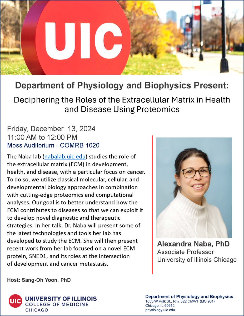 UIC Physiology (@uicphysiology) on Twitter photo Friday December 13th - <a href="/UICPhysiology/">UIC Physiology</a> Seminar Series welcomes Alexandra Naba, PhD from UIC Chicago to present “Deciphering the Roles of the Extracellular Matrix in Health and Disease Using Proteomics." Friday December 13th - <a href="/UICPhysiology/">UIC Physiology</a> Seminar Series welcomes Alexandra Naba, PhD from UIC Chicago to present “Deciphering the Roles of the Extracellular Matrix in Health and Disease Using Proteomics."
