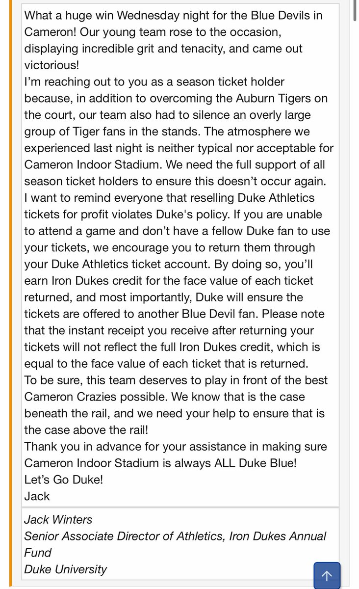 _JHokanson's tweet image. Duke basketball season ticket holders probably don’t see this email often, if ever

“…our team had to silence an overly large group of Tiger fans in the stands…”

Duke fan, “I also was at the game and could not believe how many Auburn fans were there. … loud and raucous…”