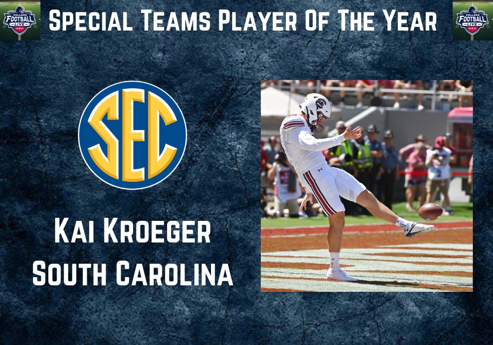 College Football Live SEC Special Teams Player Of The Year!

<a href="/GamecockFB/">South Carolina Football</a> 
<a href="/CoachSBeamer/">Shane Beamer</a> 
<a href="/kai_kroeger/">Kai Kroeger</a>