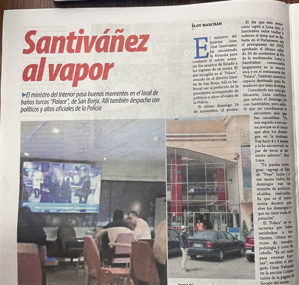 En la edición de hoy de <a href="/ensustrece/">Semanario Hildebrandt en sus trece</a>:
El ministro Juan José Santiváñez tiene reuniones políticas y de trabajo en un sauna de San Borja. Además, posee un ejército de trolls y acaba de contratar como asesor al exvocero de Rodolfo Orellana.
Compren el semanario. No a la piratería.