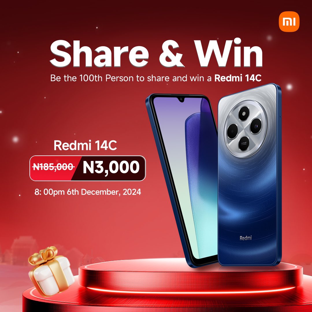 SECKILL Share &amp; Win! 🔁 Dreaming of owning the Redmi 14C for just N3,000? This is your chance to WIN! 🎉

Steps to join:
1️⃣ Retweet this post.
2️⃣ Screenshot your shared post and drop it in the comments below.
3️⃣ Tag 3 friends to follow Xiaomi Nigeria.

The 100th person to
